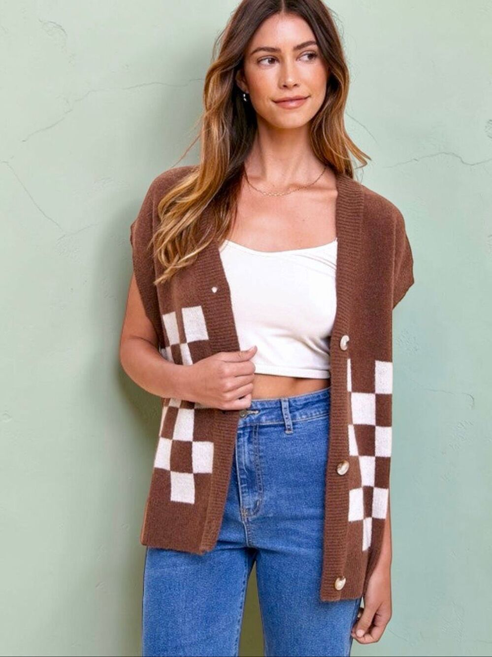 Annie Wear Brown Checkerboard Sweater Vest Button Front Knit Cardigan NEW - Picture 10 of 15